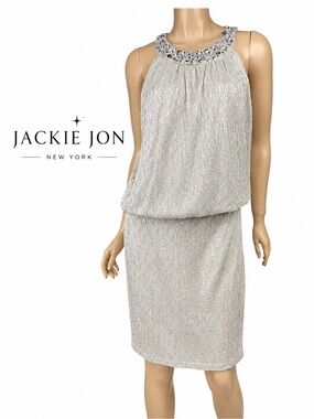 Jackie Jon New York Silver Beaded Cocktail Dress Women’s Size 16